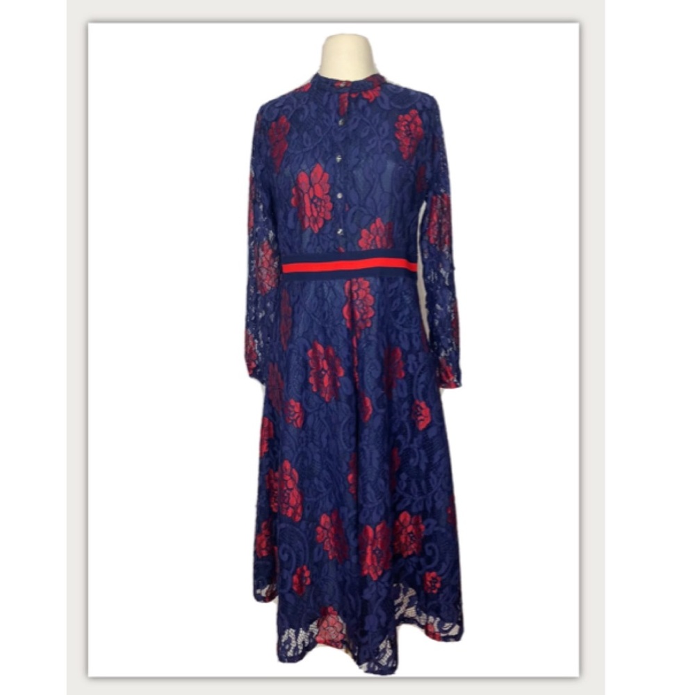 Tina mock collar lace dress blue red xl midi